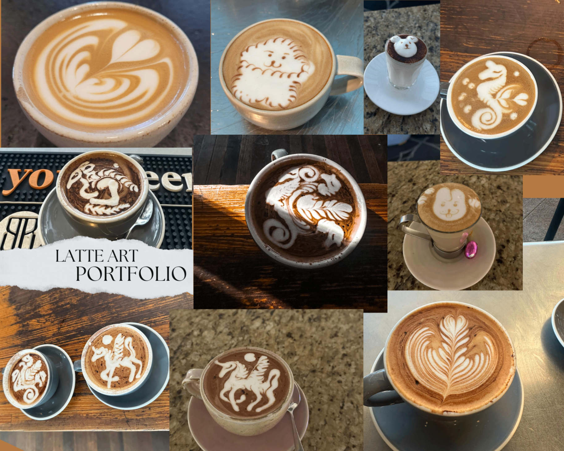 Latte art portfolio — a collage of intricate pours by Willen